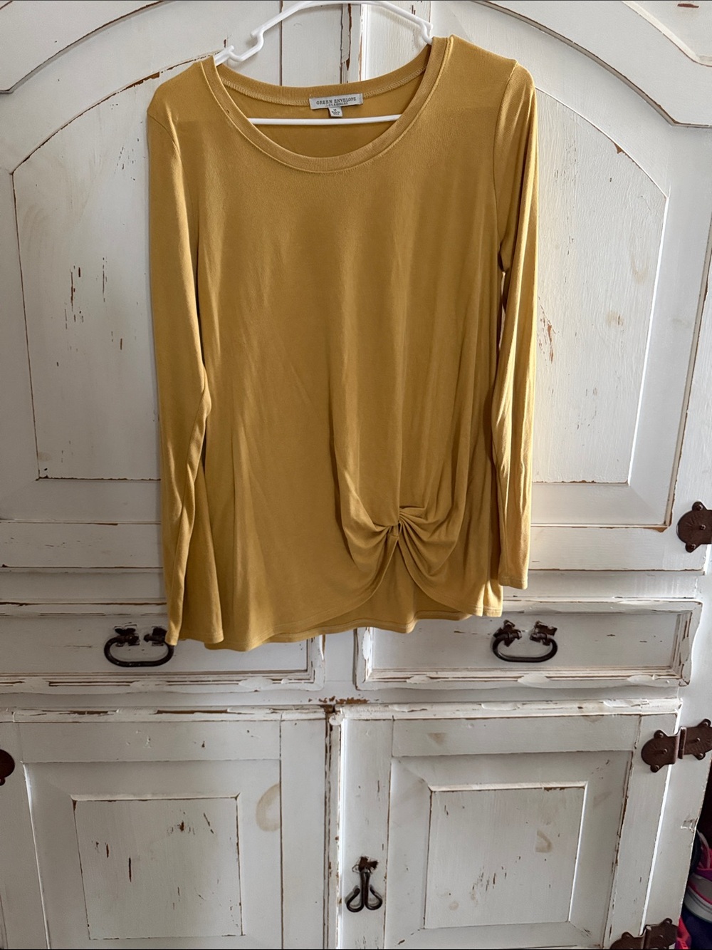 Green Envelope Twist-Hem Long Sleeve Top in Mustard